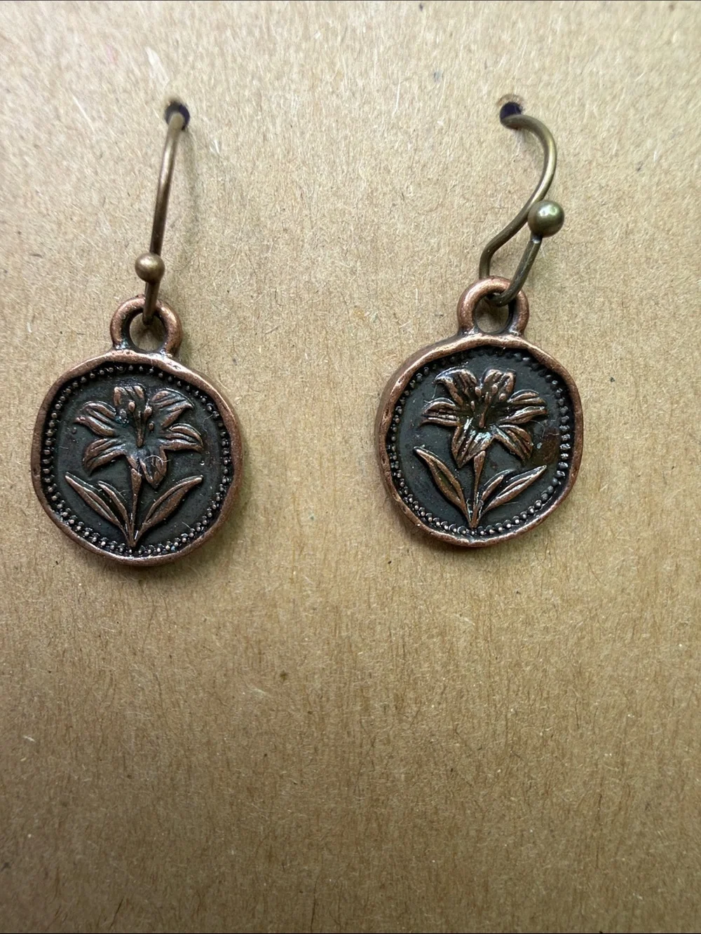 Copper Floral Coin Drop Earrings - Women's Jewelry